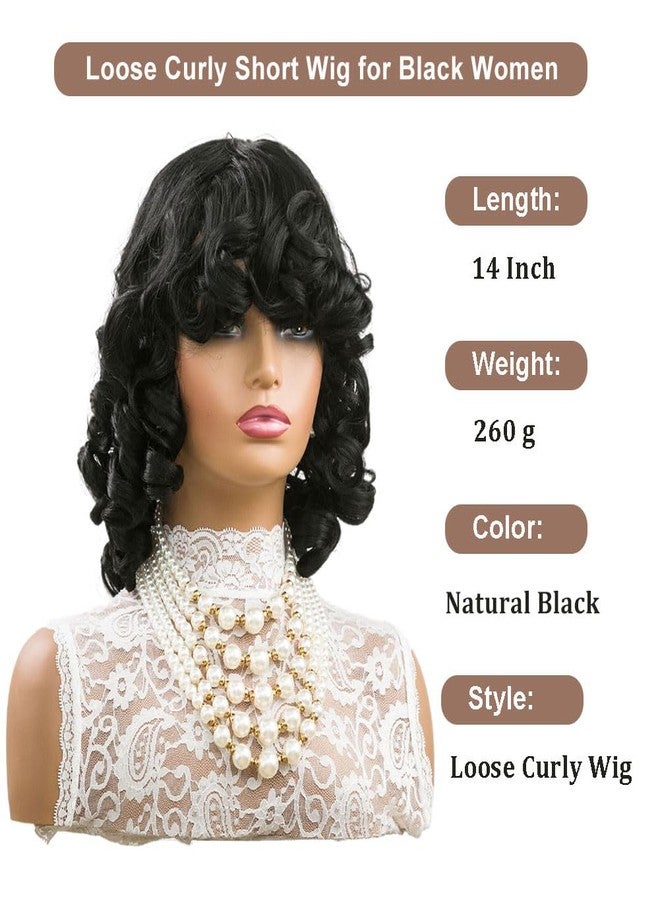 MOONSHOW Short Curly Wigs for Women - Loose Curly Wig with Bangs, Afro Curly Wig, Big Curly Hair Wig with Bangs - Synthetic Wigs for African American Women (Natural Black) - Image 3